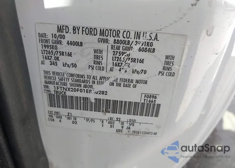 2001 Ford F-250 Lariat/Xl/Xlt z USA, uszkodzony, nr VIN 1FTNX20F01EB00282